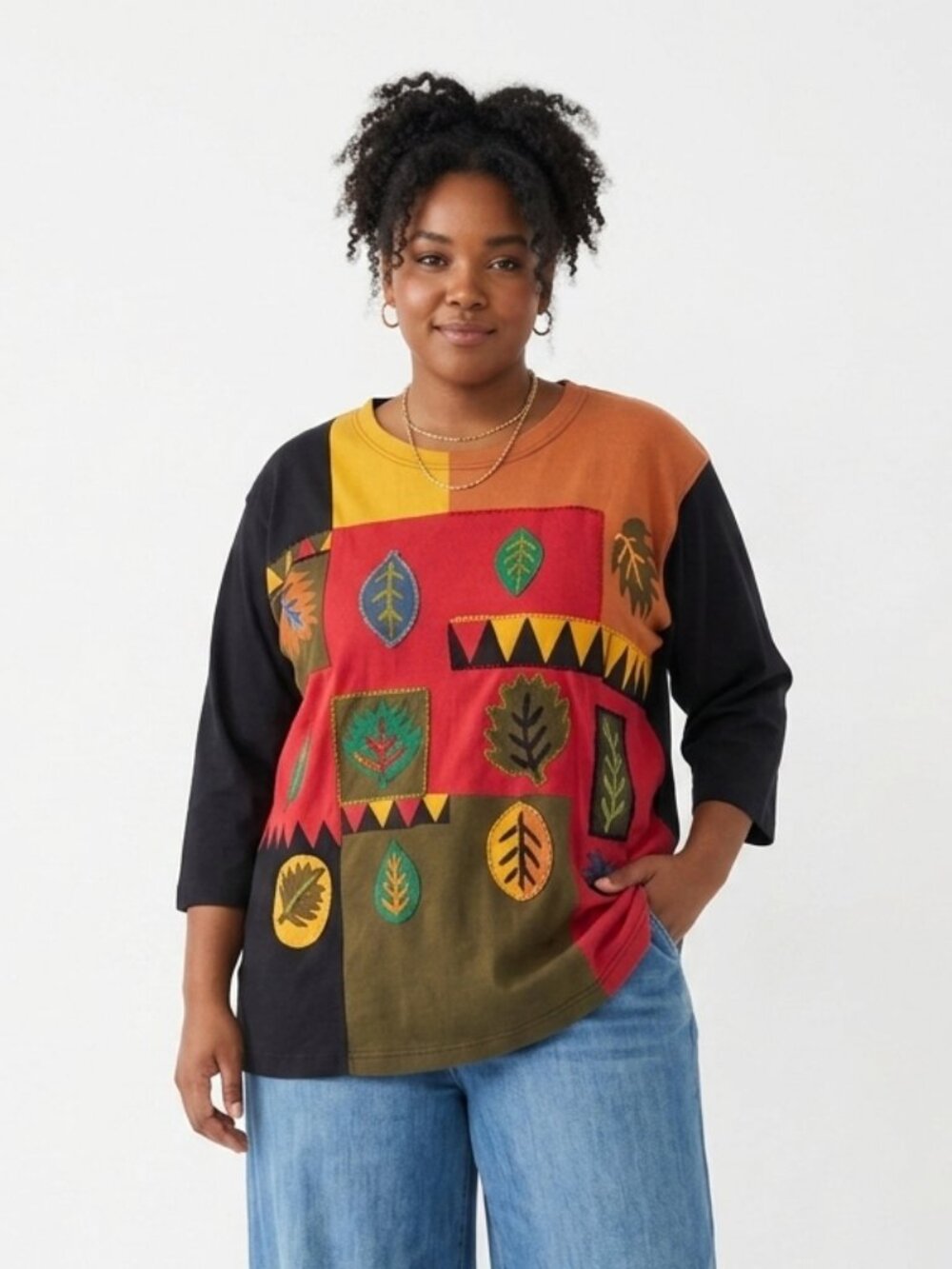 Vintage Victoria Woman Top Black Red Applique Embroidered Artsy Lagenlook 1X